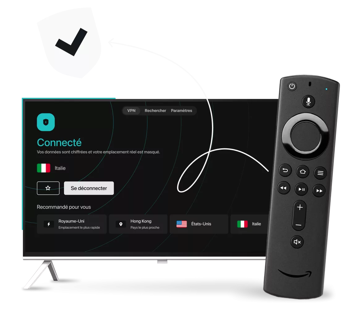Un téléviseur connecté affichant l’interface de Surfshark VPN à côté d’une télécommande Amazon Fire TV, d’une flèche courbée et d’un bouclier orné d’une coche.