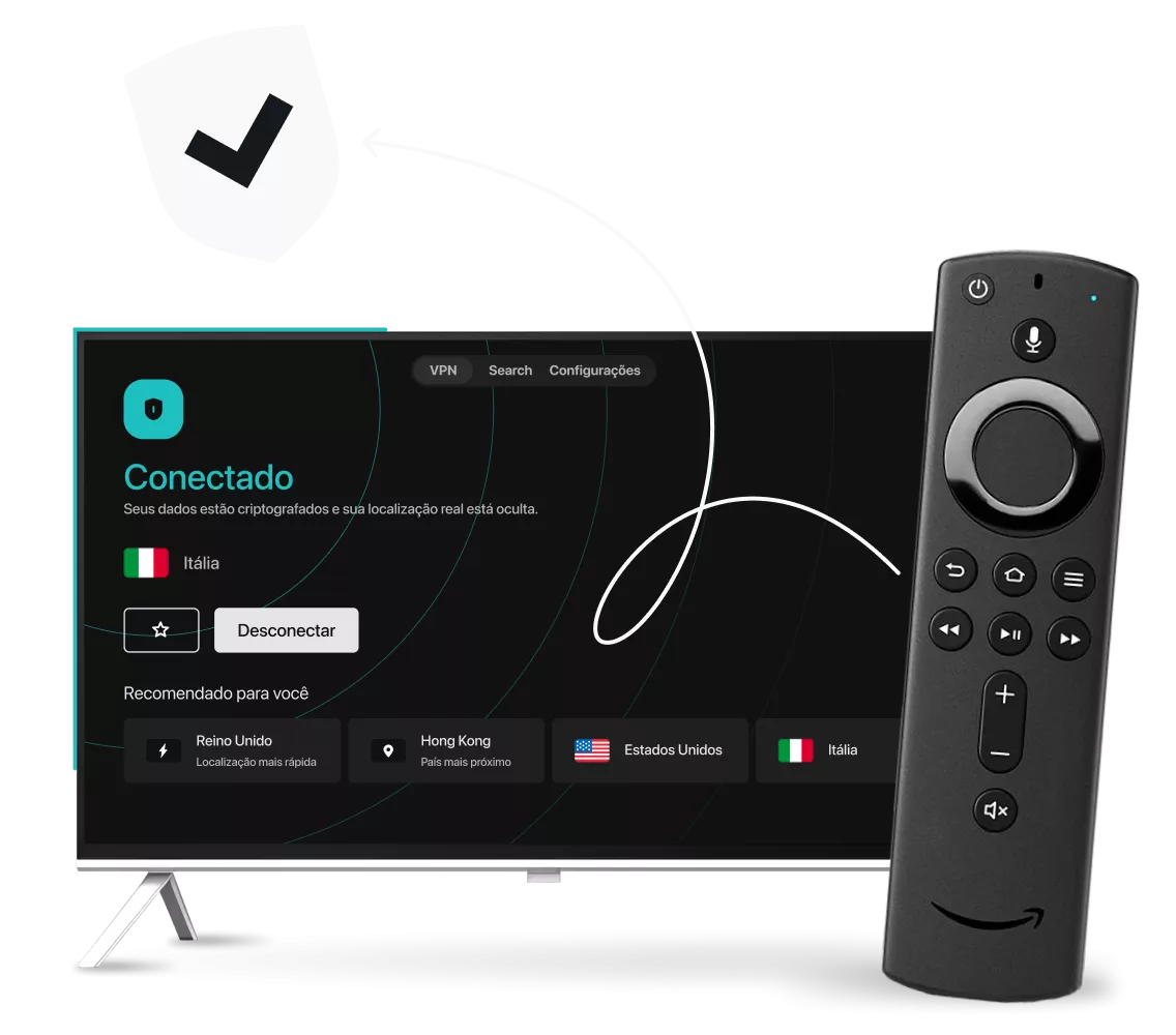 Uma smart TV exibindo a interface da Surfshark VPN ao lado de um controle remoto do Amazon Fire TV, uma seta curva e um escudo com marca de verificação.