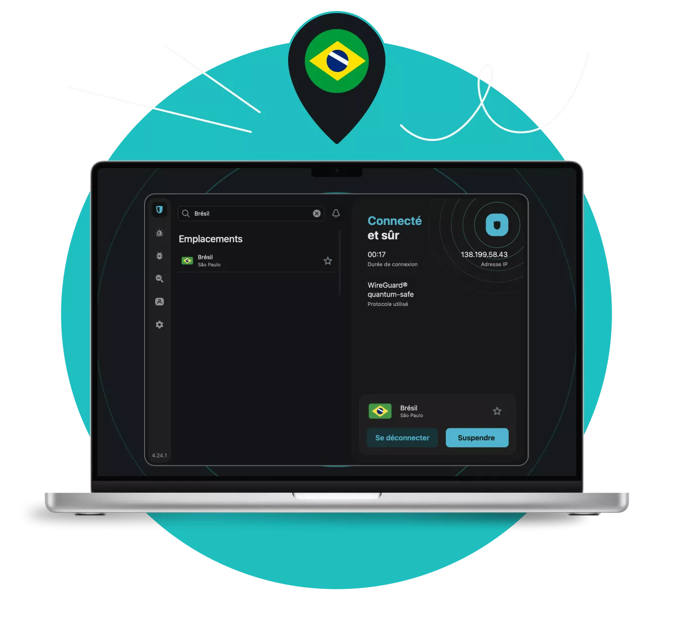 Un ordinateur portable affichant l'application Surfshark VPN connectée à São Paulo, tandis qu'une épingle de localisation avec un drapeau brésilien flotte au-dessus.