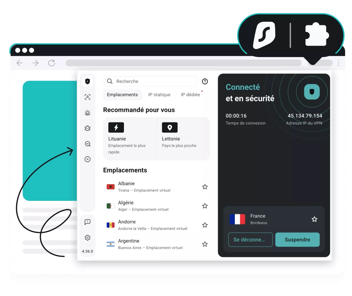 Une extension Surfshark VPN sur un navigateur Web avec une connexion aux États-Unis sous le logo Surfshark et une icône d’extension en forme de pièce de puzzle.