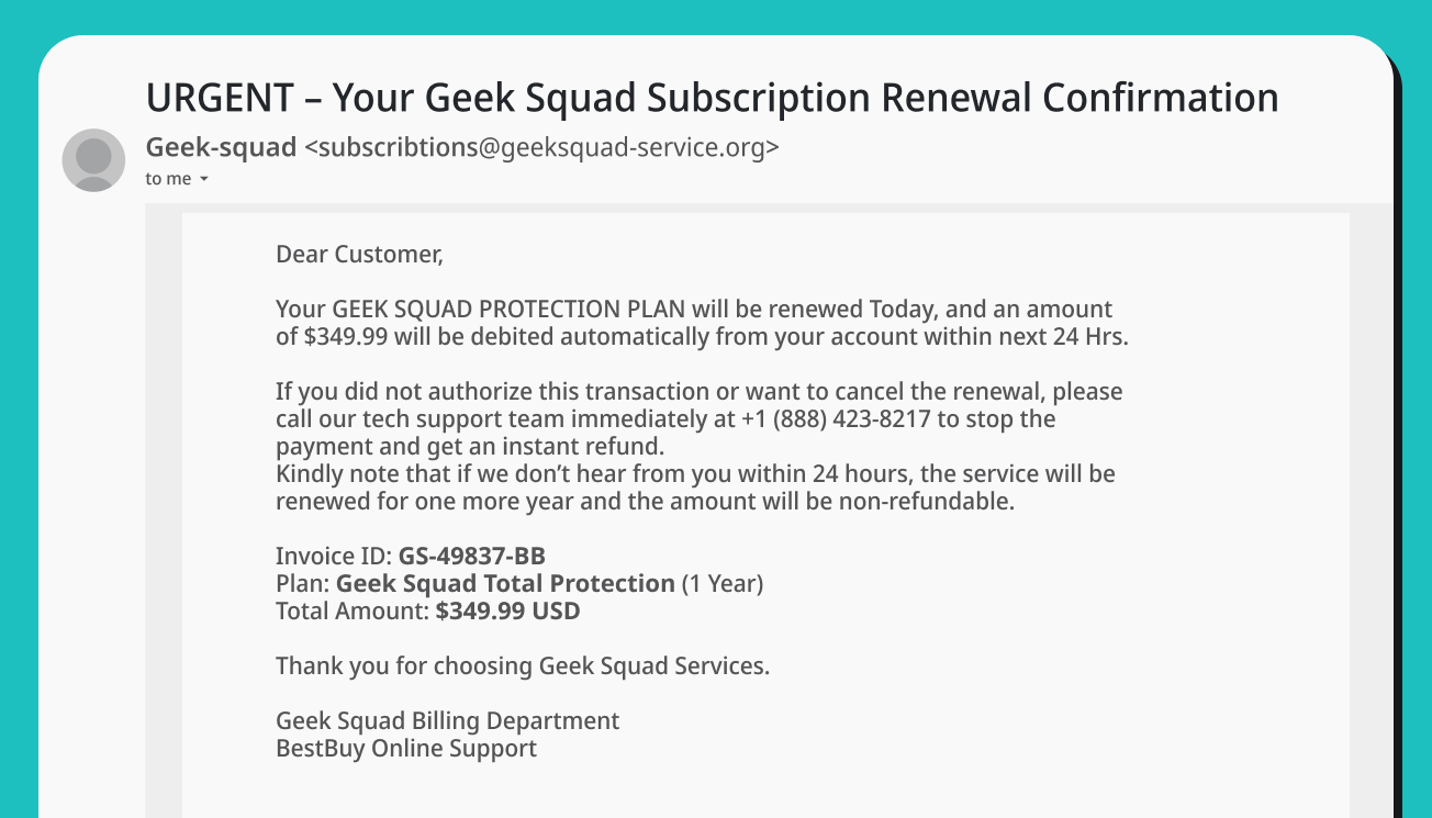 A screenshot of a fake Geek Squad renewal email, showing a bold subject line, sender details, and a message demanding ransom.