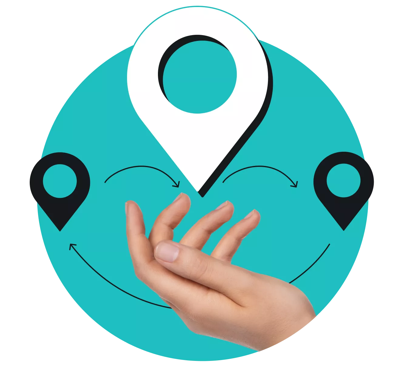 A large location pin over an open hand between two smaller pins connected by curved arrows on a teal background.