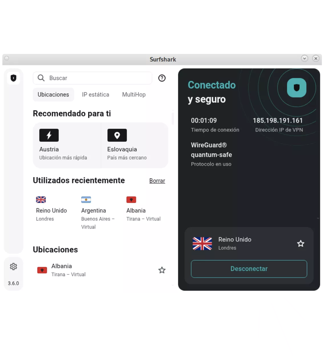 El panel de la aplicación Surfshark VPN para Linux muestra una conexión segura al servidor del Reino Unido.