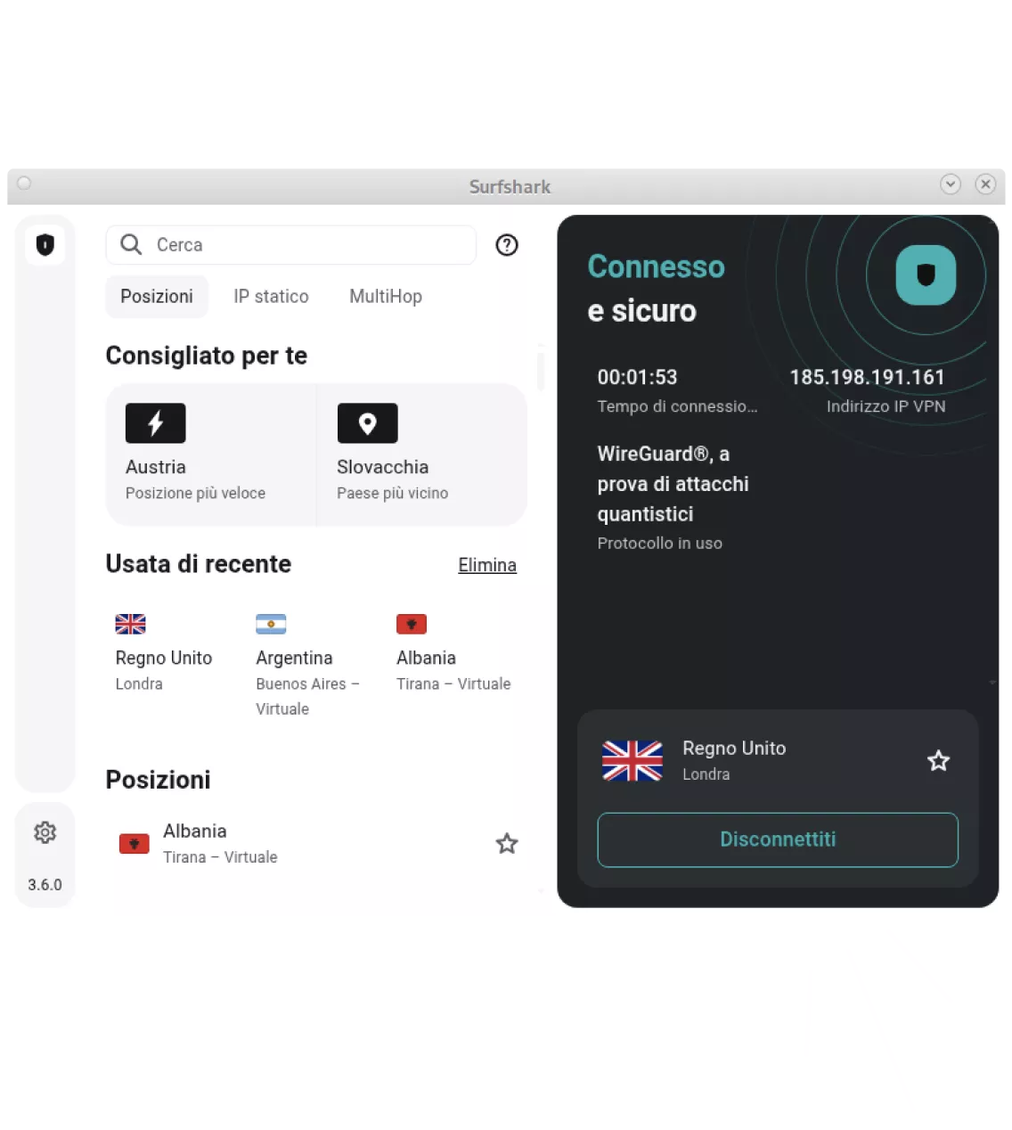 La dashboard dell’app Surfshark VPN per Linux mostra una connessione sicura al server del Regno Unito.