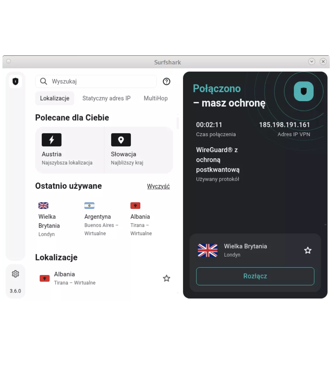 Pulpit aplikacji Surfshark VPN na Linuksie pokazuje bezpieczne połączenie z serwerem w Wielkiej Brytanii.