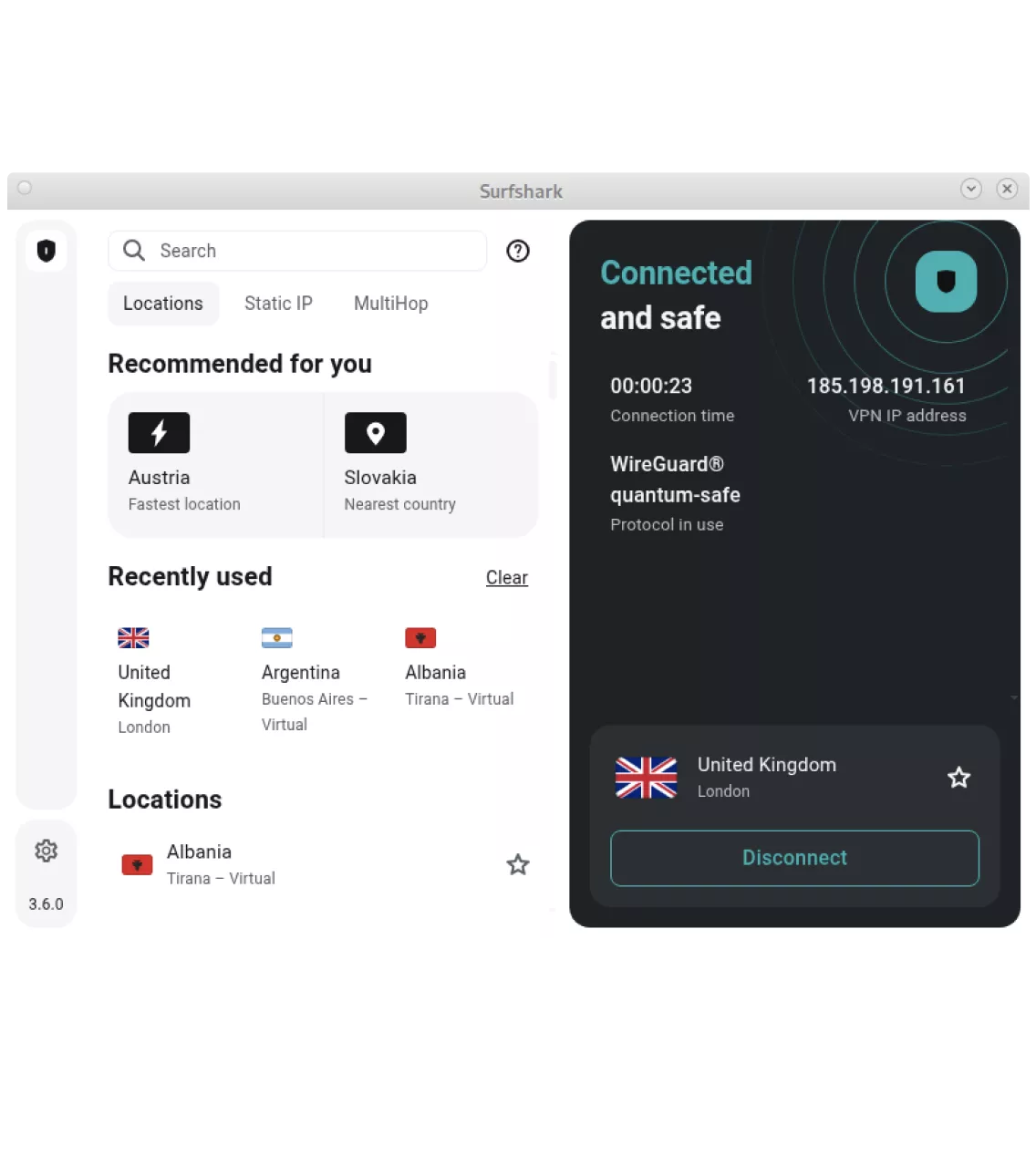 Surfshark VPN Linux app dashboard showing a safe connection to the UK server.