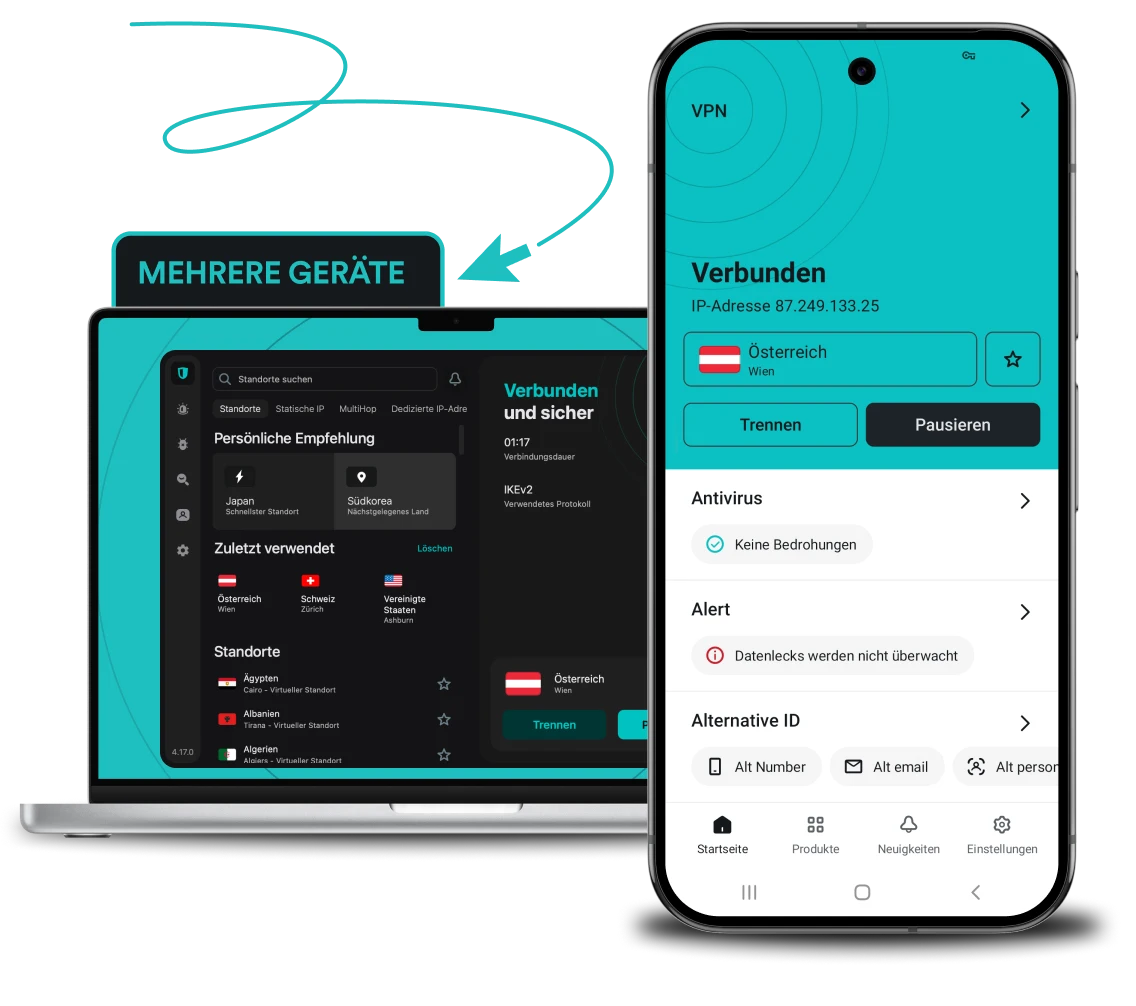 Surfshark VPN App-Oberfläche auf einem Laptop und Smartphone mit „Verbunden“-Status und einem Text, der die Nutzung auf mehreren Geräten hervorhebt.