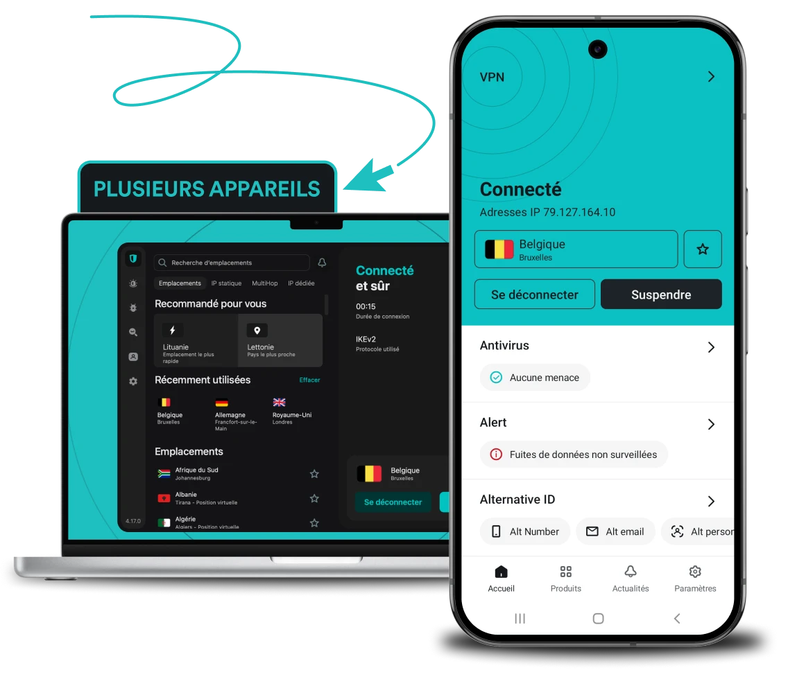 Interface de l’application Surfshark VPN sur un ordinateur portable et un smartphone, avec le statut « Connecté » et un texte mettant en avant l’utilisation sur plusieurs appareils.