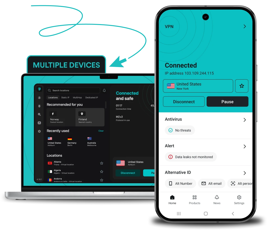 Surfshark VPN app interface on a laptop and smartphone with Connected status and text highlighting use on multiple devices.
