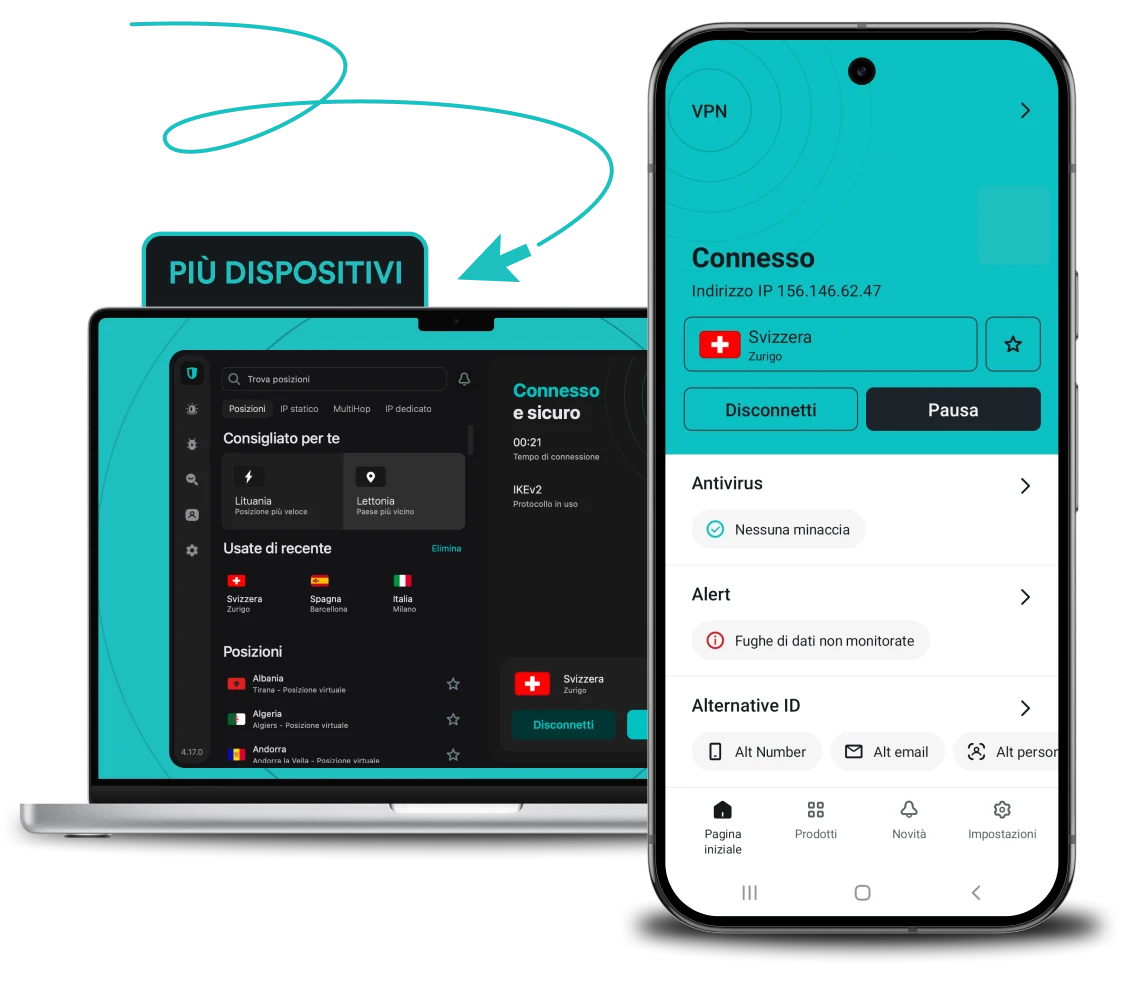Interfaccia dell’app Surfshark VPN su laptop e smartphone con stato “Connesso” e testo che evidenzia l’uso su più dispositivi.