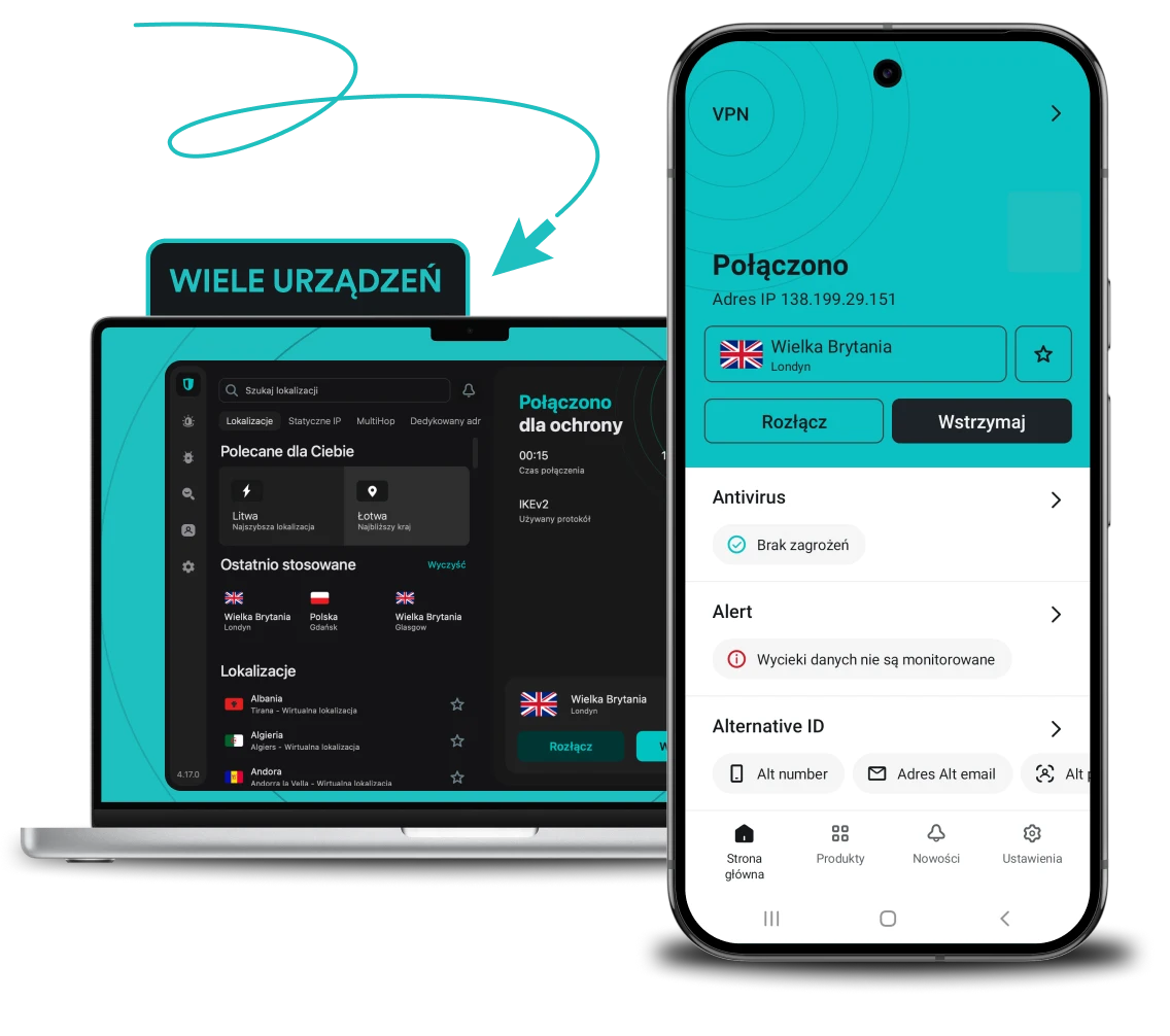 Interfejs aplikacji Surfshark VPN na laptopie i smartfonie ze statusem „Połączono” oraz tekstem podkreślającym użycie na wielu urządzeniach.