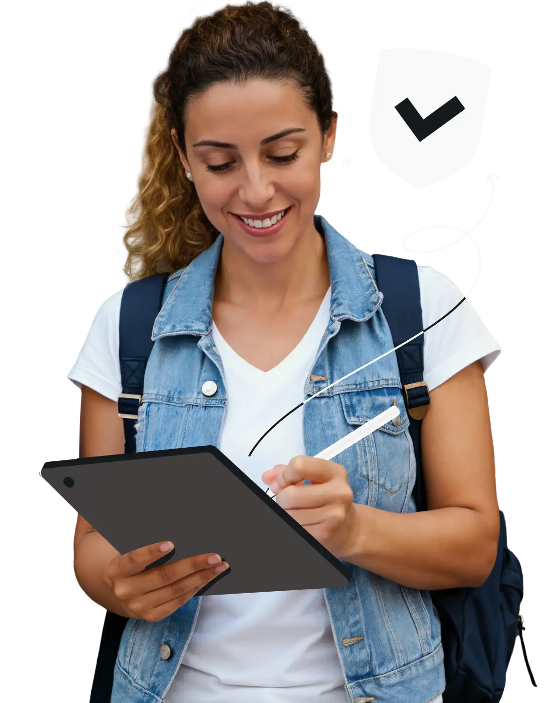 A smiling woman writing on a tablet with a stylus, with a checkmarked shield and squiggly arrow floating next to her.