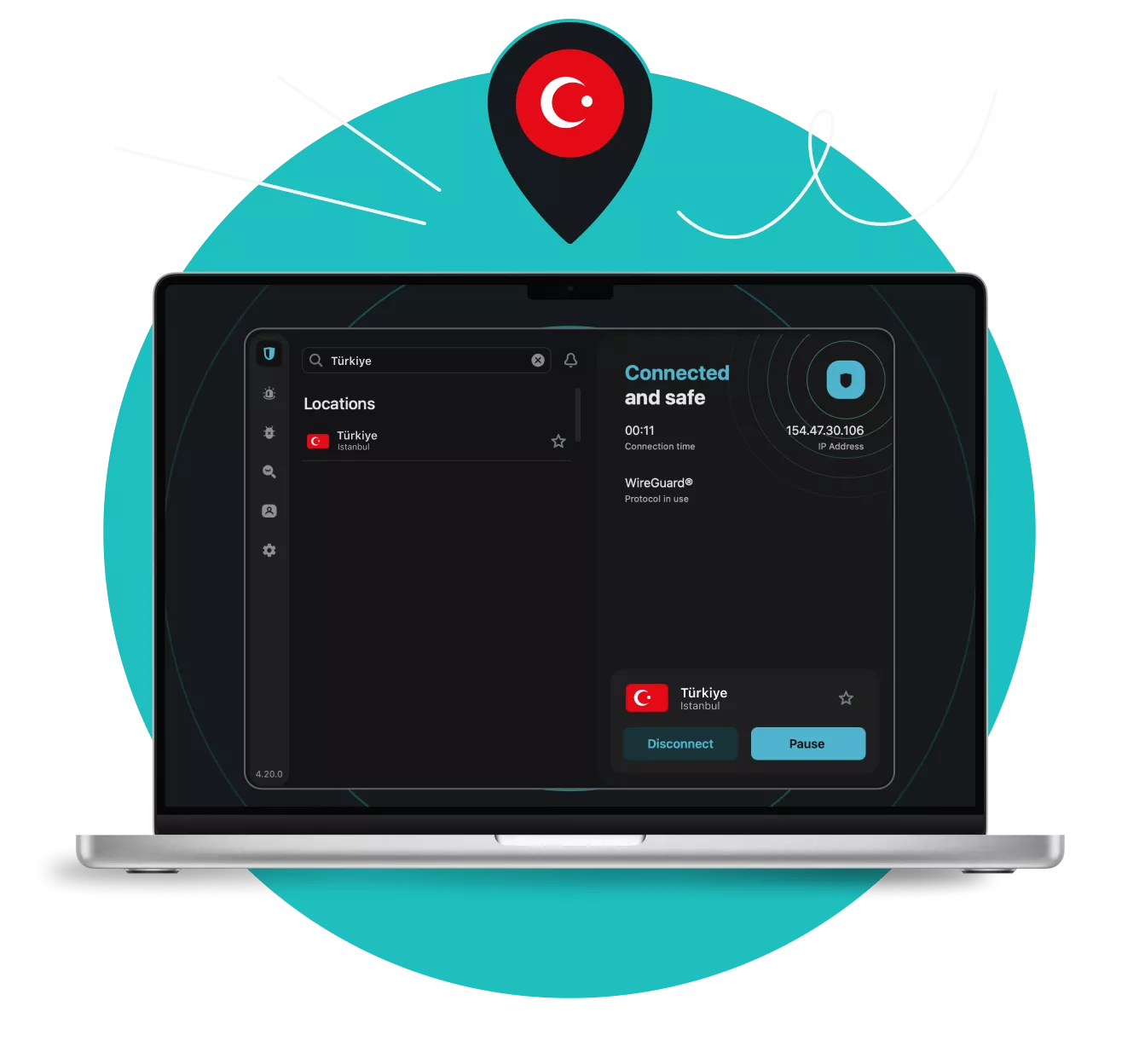 Écran d’ordinateur portable montrant Surfshark VPN connecté à un serveur en Turquie, avec une épingle de localisation au-dessus affichant le drapeau turc.