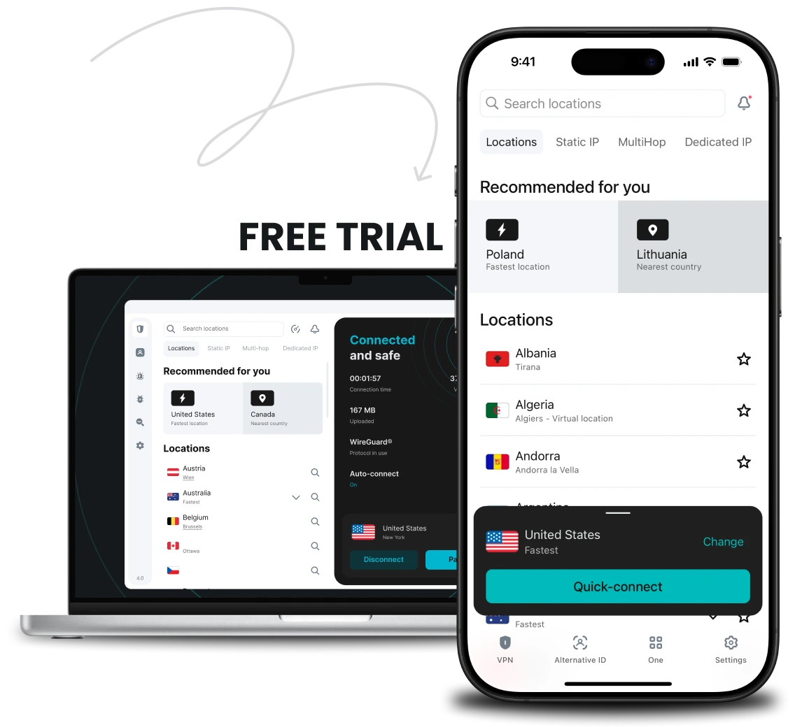A laptop and a smartphone flank a Free Trial banner, with each device showing a list of locations within the Surfshark app.