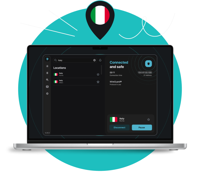 A laptop screen showing Surfshark VPN connected to a server in Rome, with a location pin above showing the Italian flag.
