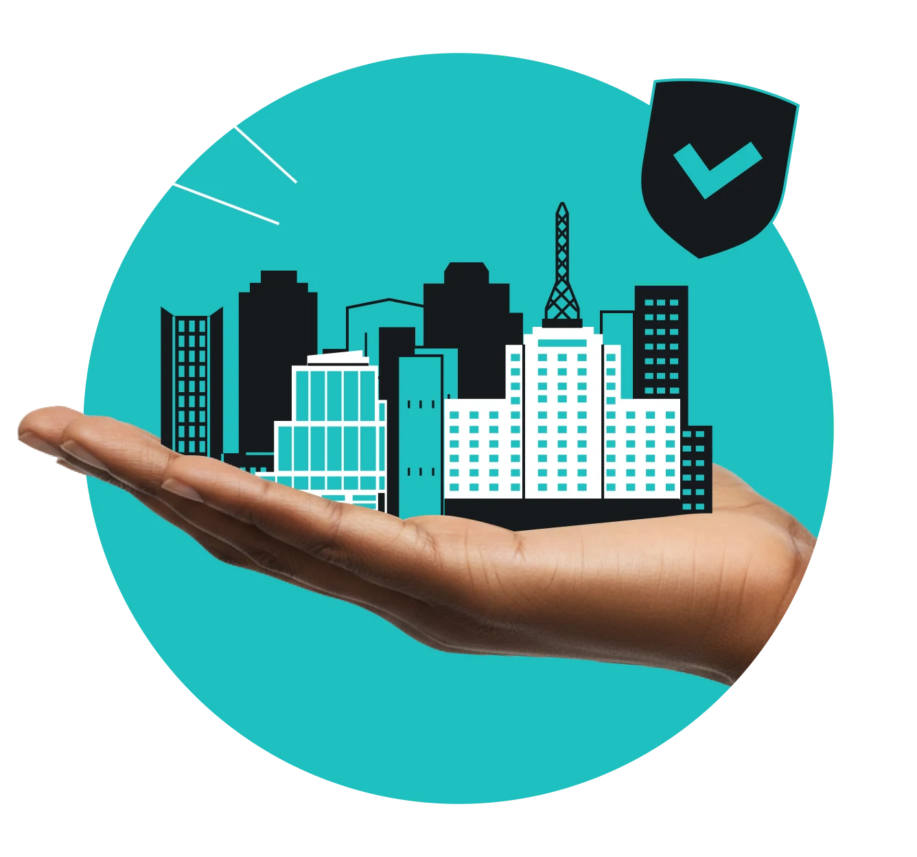 A hand holding the Phoenix skyline under a checkmarked shield on a teal background.