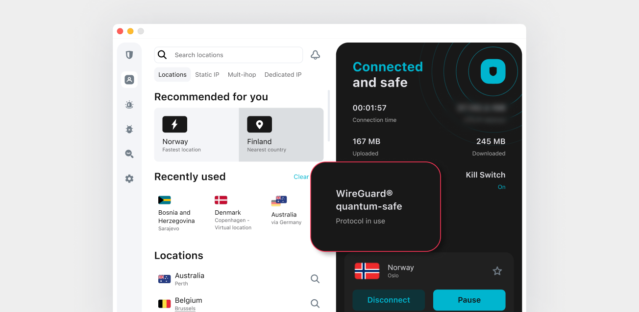 Surfshark VPN app dashboard showing the status as Connected to a Norway server, with WireGuard quantum safe protocol in use.