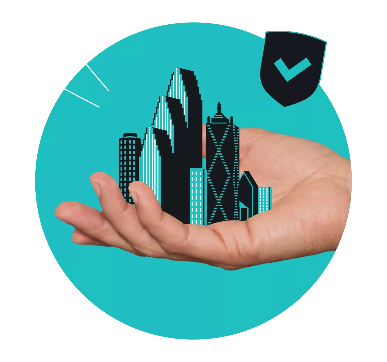 A hand holding a stylized city skyline inside a teal circle, with a checkmarked shield above it.