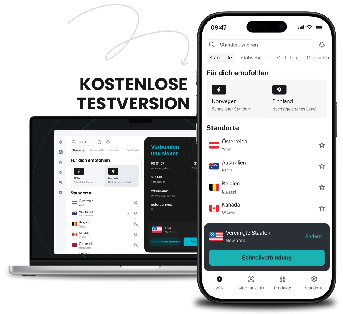 Ein Laptop und ein Smartphone flankieren ein Banner für den kostenlosen Test; auf jedem Gerät ist eine Liste mit Standorten in der Surfshark-App zu sehen.
