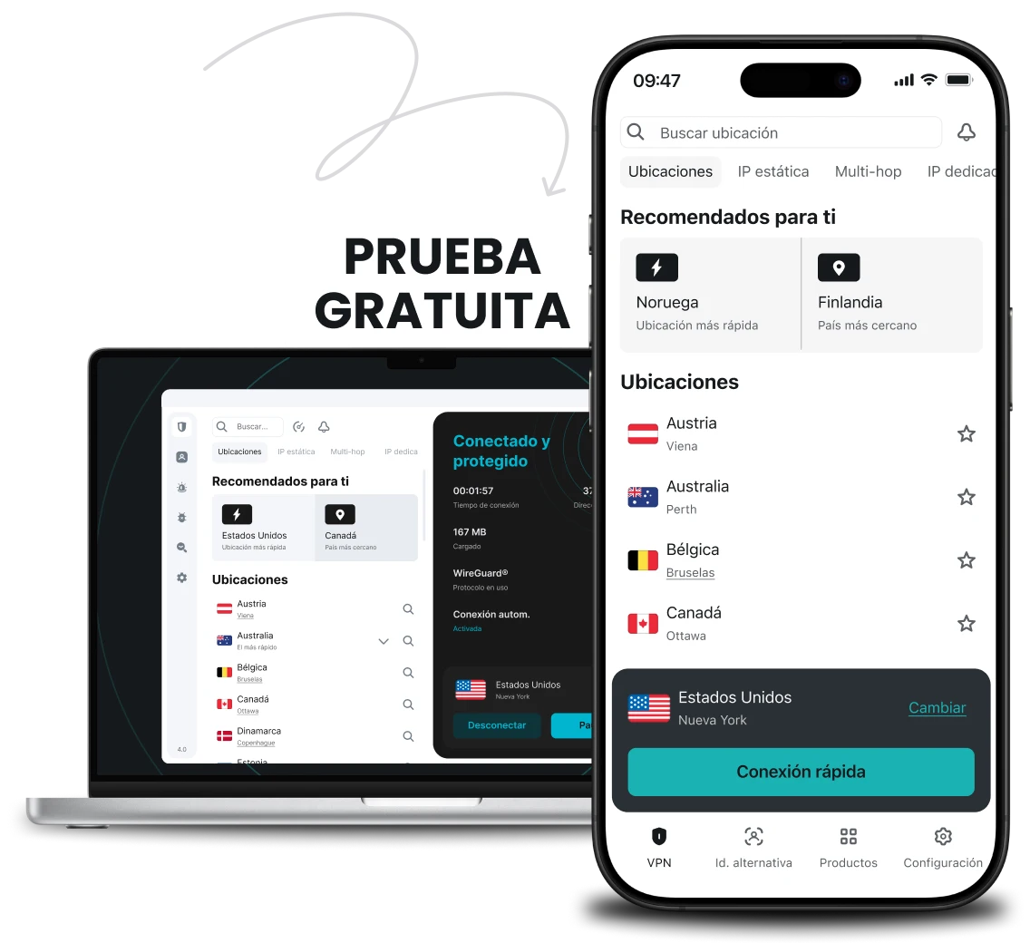 Un portátil y un móvil flanquean un cartel de «Prueba gratuita», y cada dispositivo muestra una lista de ubicaciones dentro de la aplicación Surfshark.