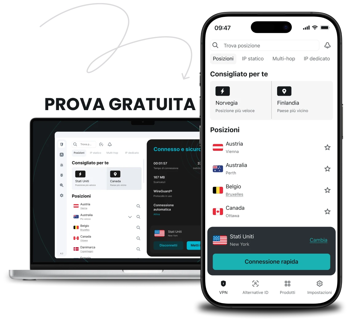 Un portatile e uno smartphone accanto a un banner con su scritto Free Trial; entrambi i dispositivi mostrano l'app Surfshark con un elenco di località.