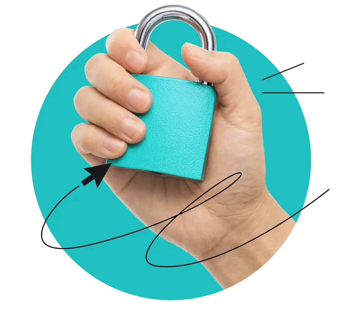 A hand gripping a teal padlock next to motion lines and a cursor arrow on a teal background.