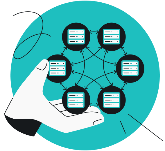 Dłoń trzymająca sieć połączonych serwerów z różnymi liniami, gwiazdami i na zielononiebieskim tle.
