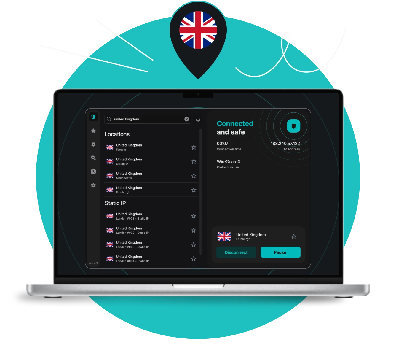Laptop screen with the Surfshark VPN app interface showing UK servers under a location pin with the UK flag.