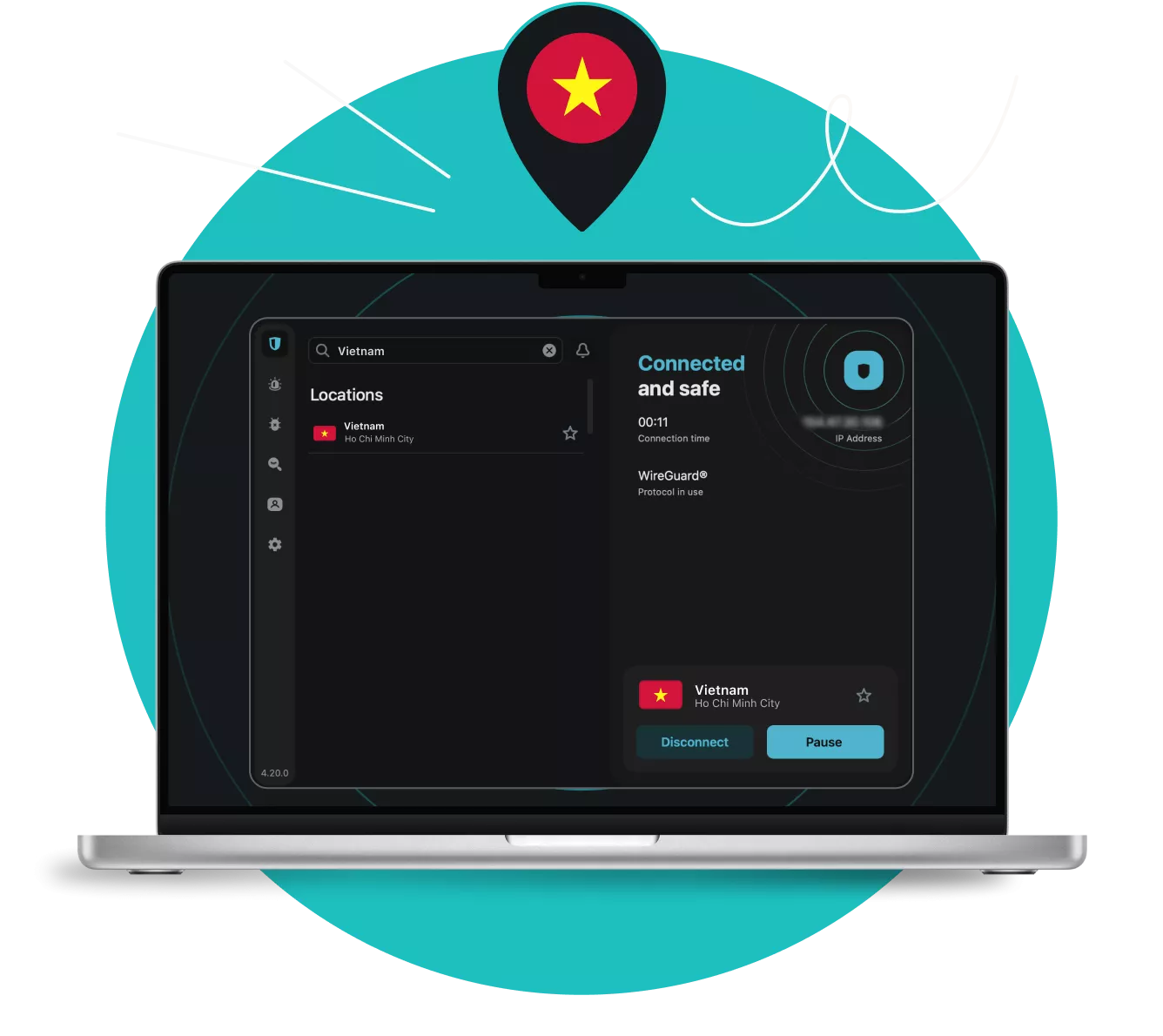 Laptop displaying the Surfshark VPN app connected to a Ho Chi Minh City server under a map pin with the Vietnamese flag.