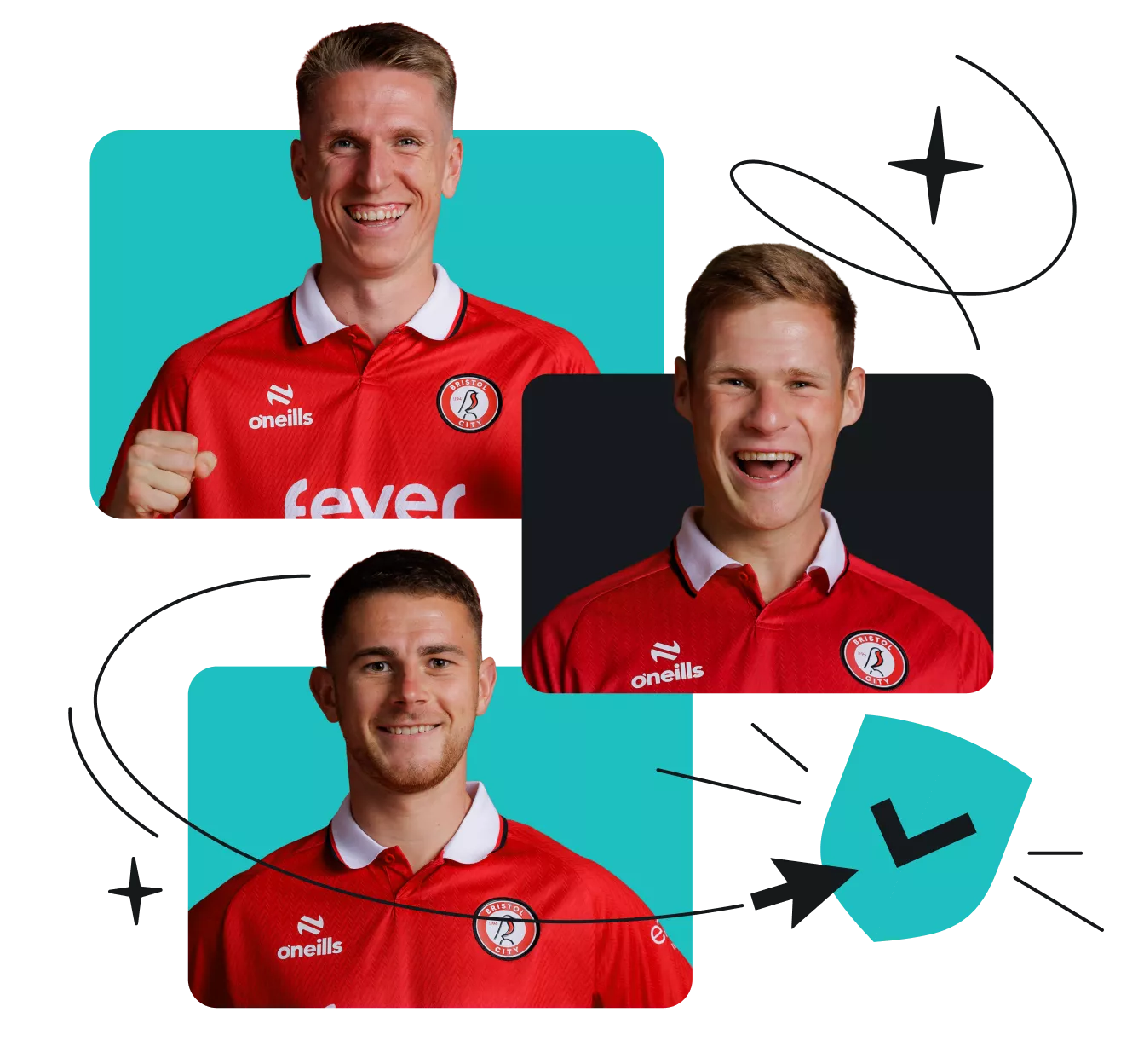 Three Bristol City FC players wearing the clubs red home jerseys next to stars, motion lines, and a checkmarked shield.