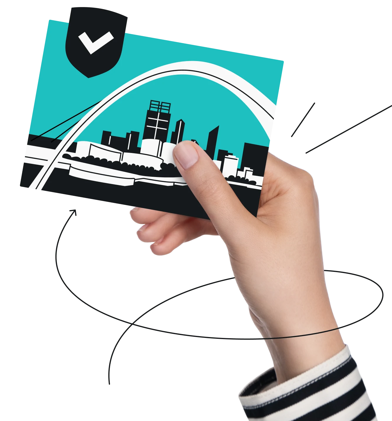Hand holding a teal postcard showing the Perth skyline and Elizabeth Quay Bridge next to a checkmarked shield.