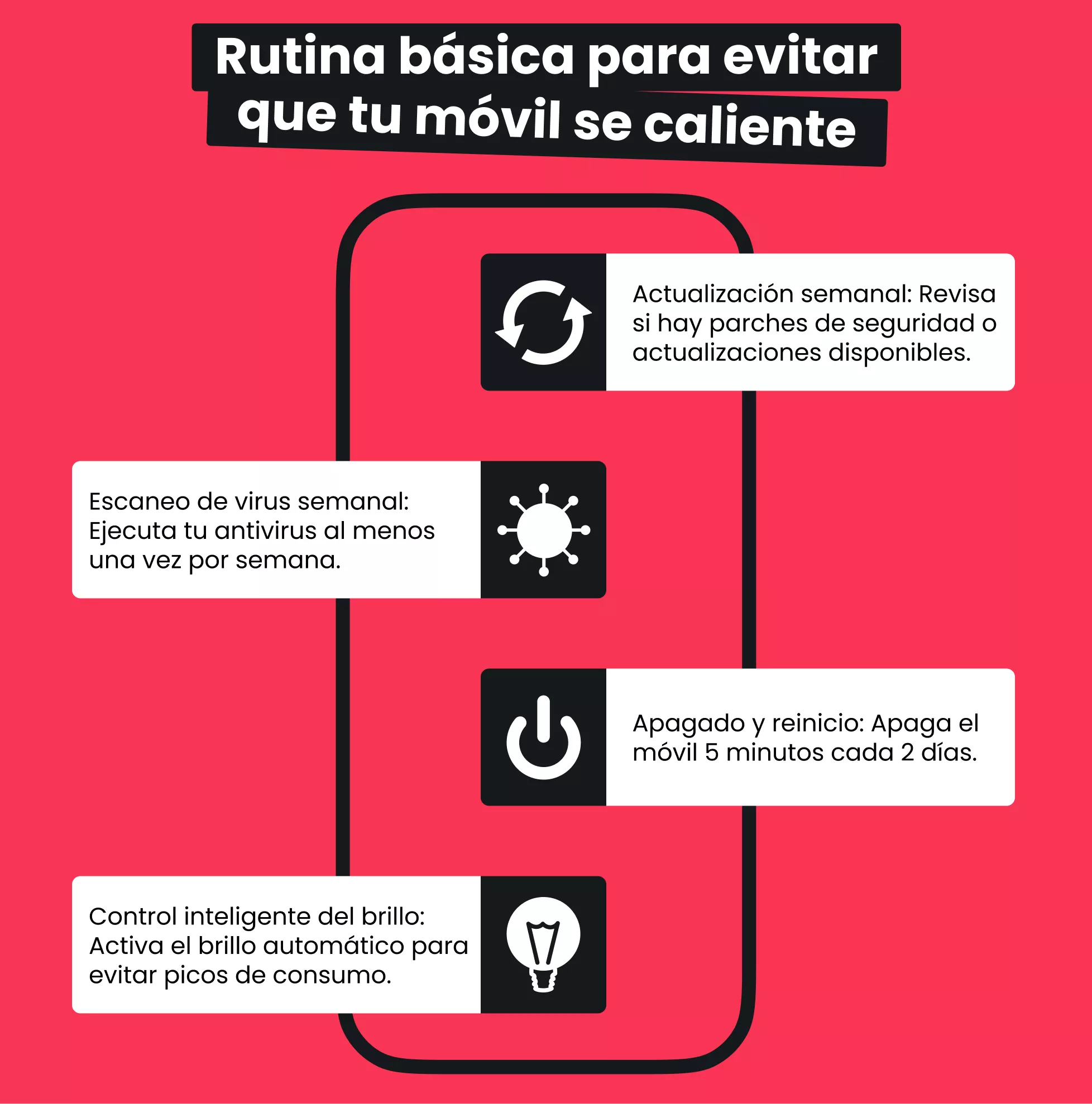 Una infografía en forma de teléfono titulada Rutina básica para evitar que tu móvil se caliente, que enumera cuatro consejos.