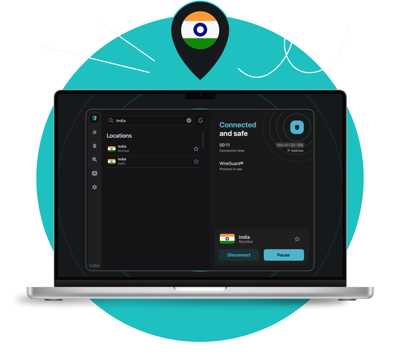 Laptop displaying the Surfshark VPN app connected to a Mumbai server under a map pin icon featuring the Indian flag.