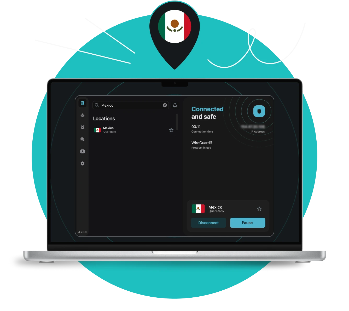 A laptop screen showing Surfshark VPN connected to a server in Queretaro, with a location pin above showing the Mexican flag.