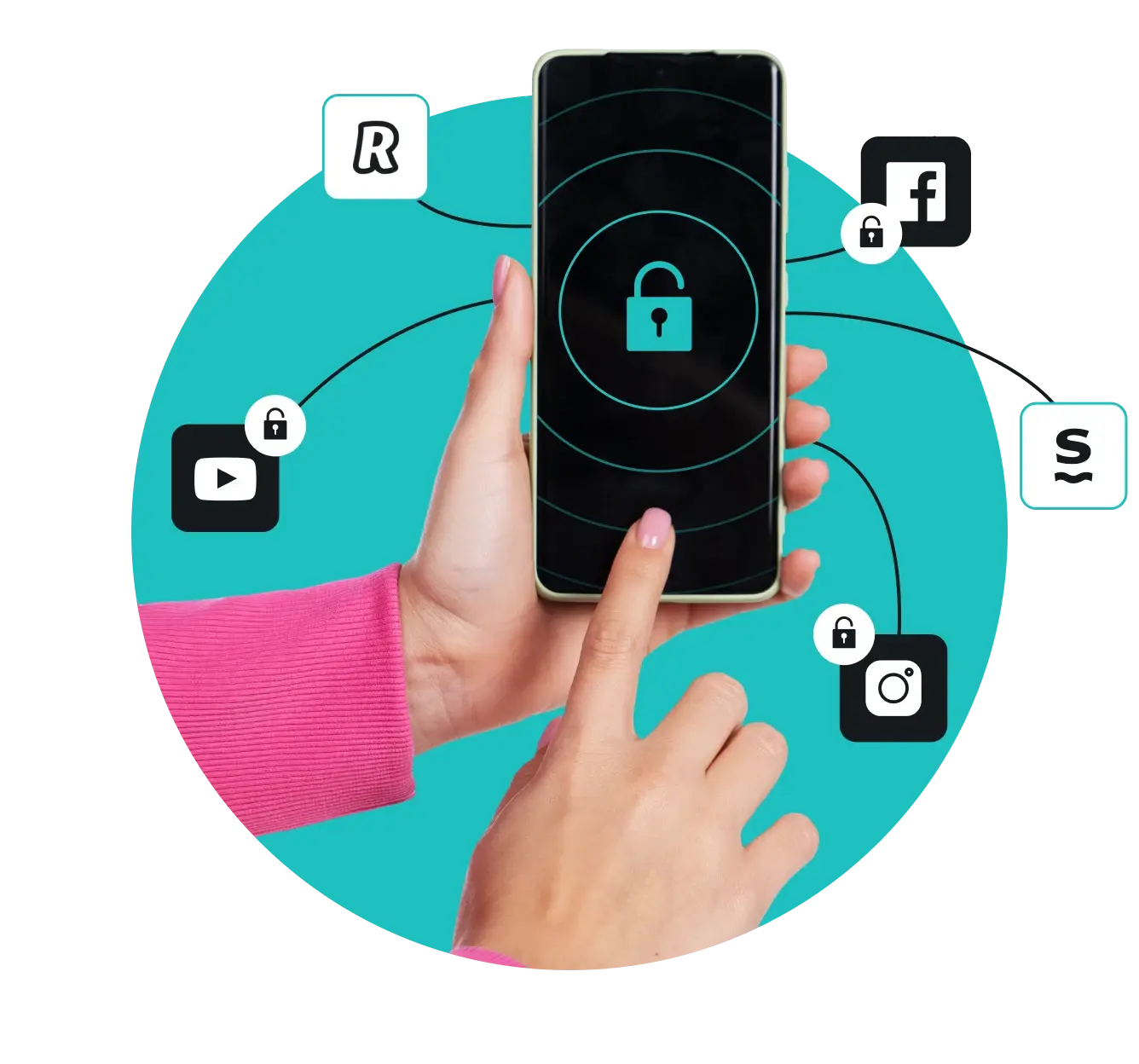 A hand holding a smartphone with an unlocked padlock icon, surrounded by app icons, some marked with unlocked padlocks.