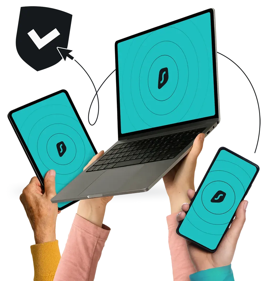 A checkmarked shield above four hands holding a tablet, laptop, and smartphone, showing Surfshark connection on the screens.