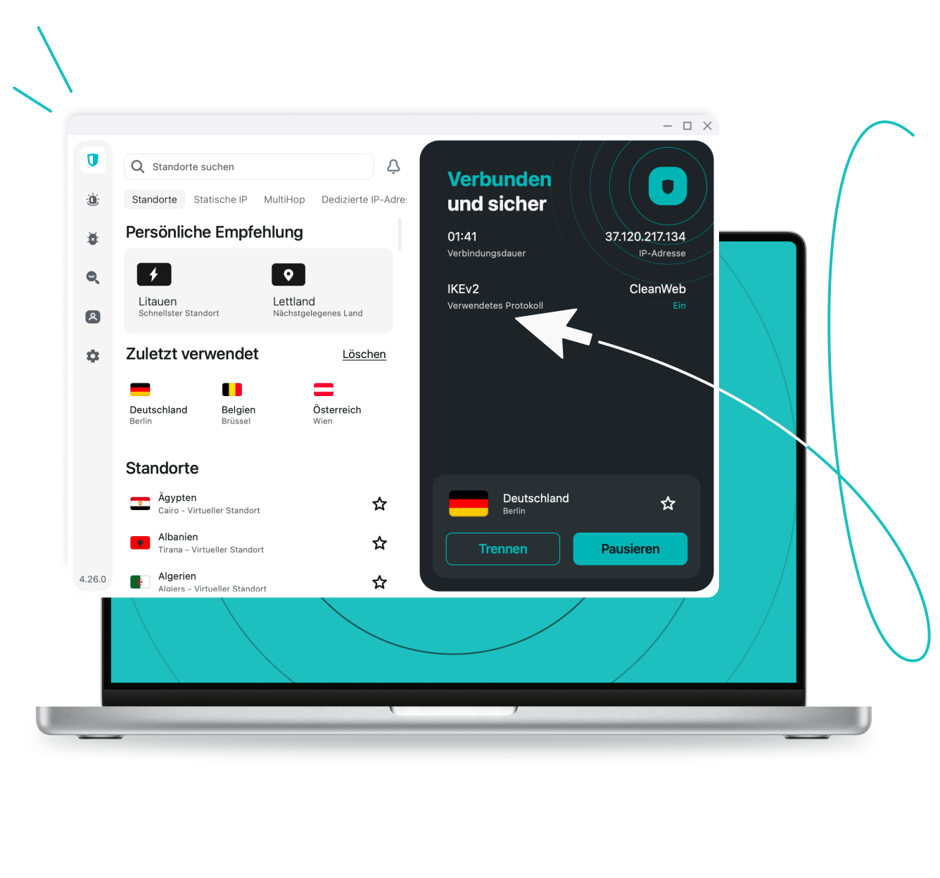 Die Benutzeroberfläche der Surfshark VPN-App auf einem Laptop, auf Deutsch, zeigt eine aktive Verbindung zu einem Berliner Server.