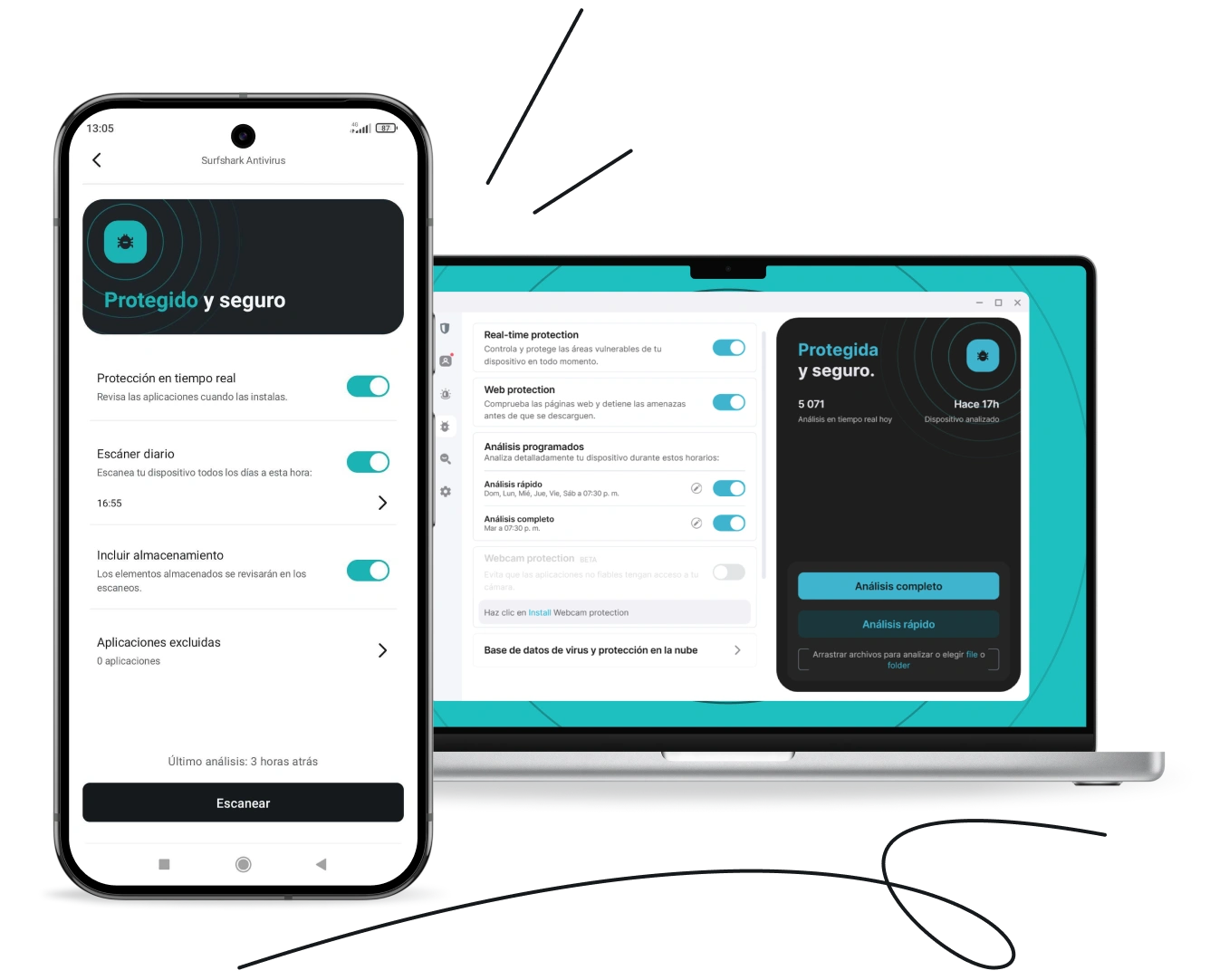 Un teléfono y una computadora portátil, mostrando los paneles de Surfshark Antivirus en sus pantallas.