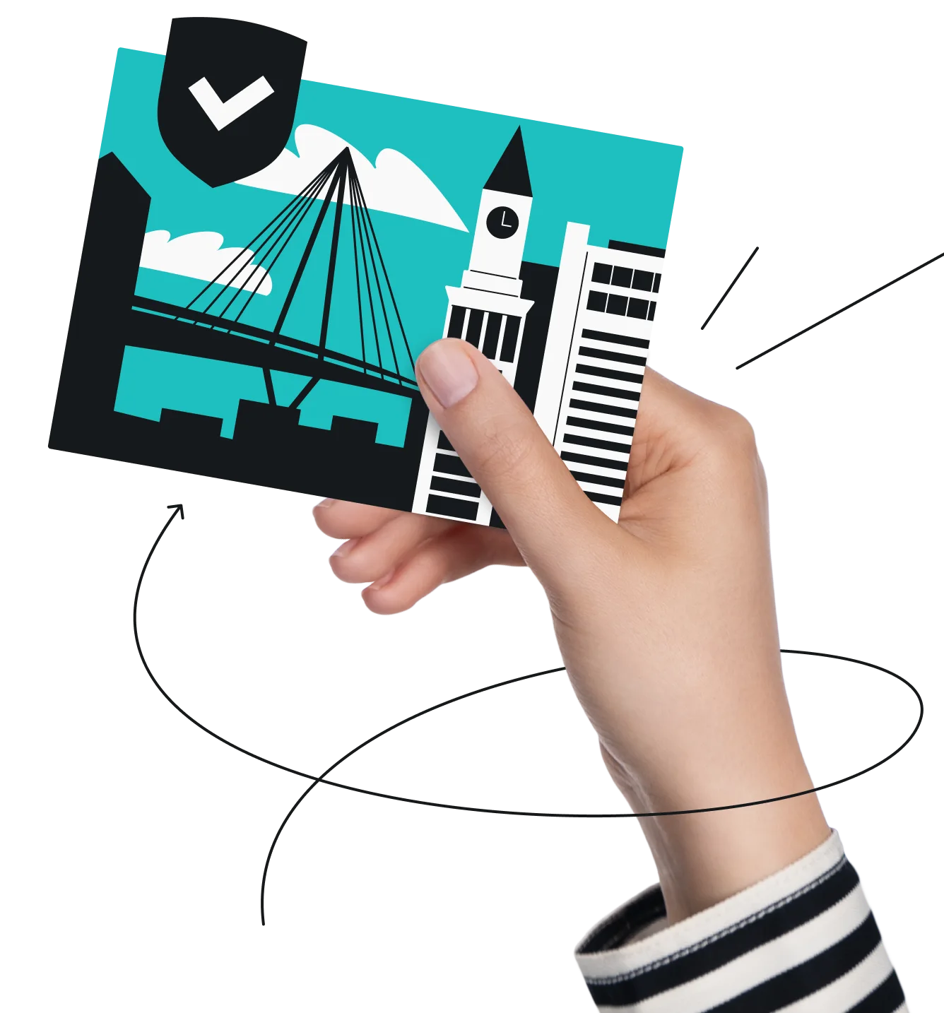 A hand holding a card showing the Boston bridge and buildings, with a checkmarked shield above and an arrow line curving around.