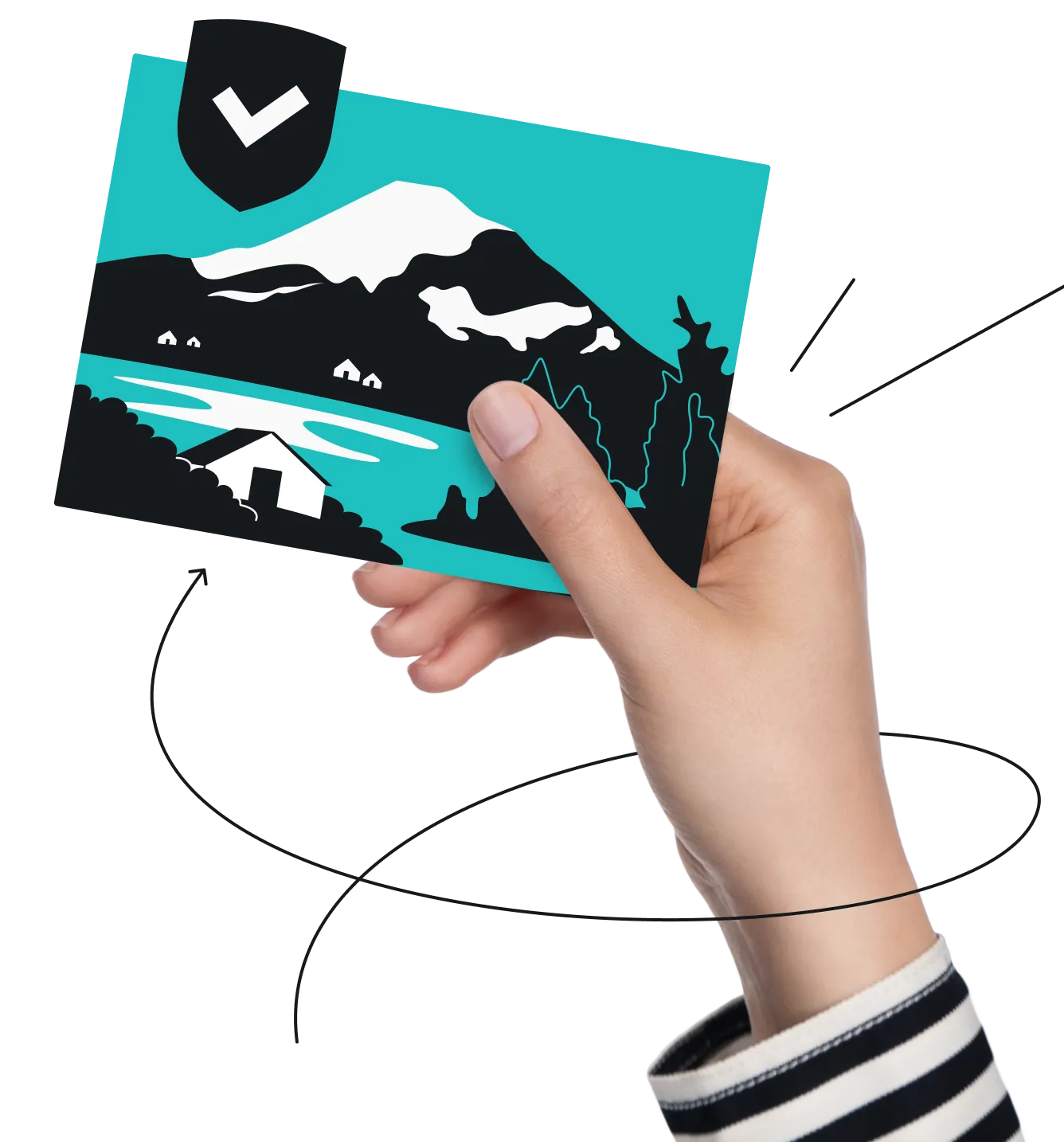 Hand holding a postcard with an Oregon mountain landscape, featuring Mount Hood, a lake, cabins, and a checkmarked shield.