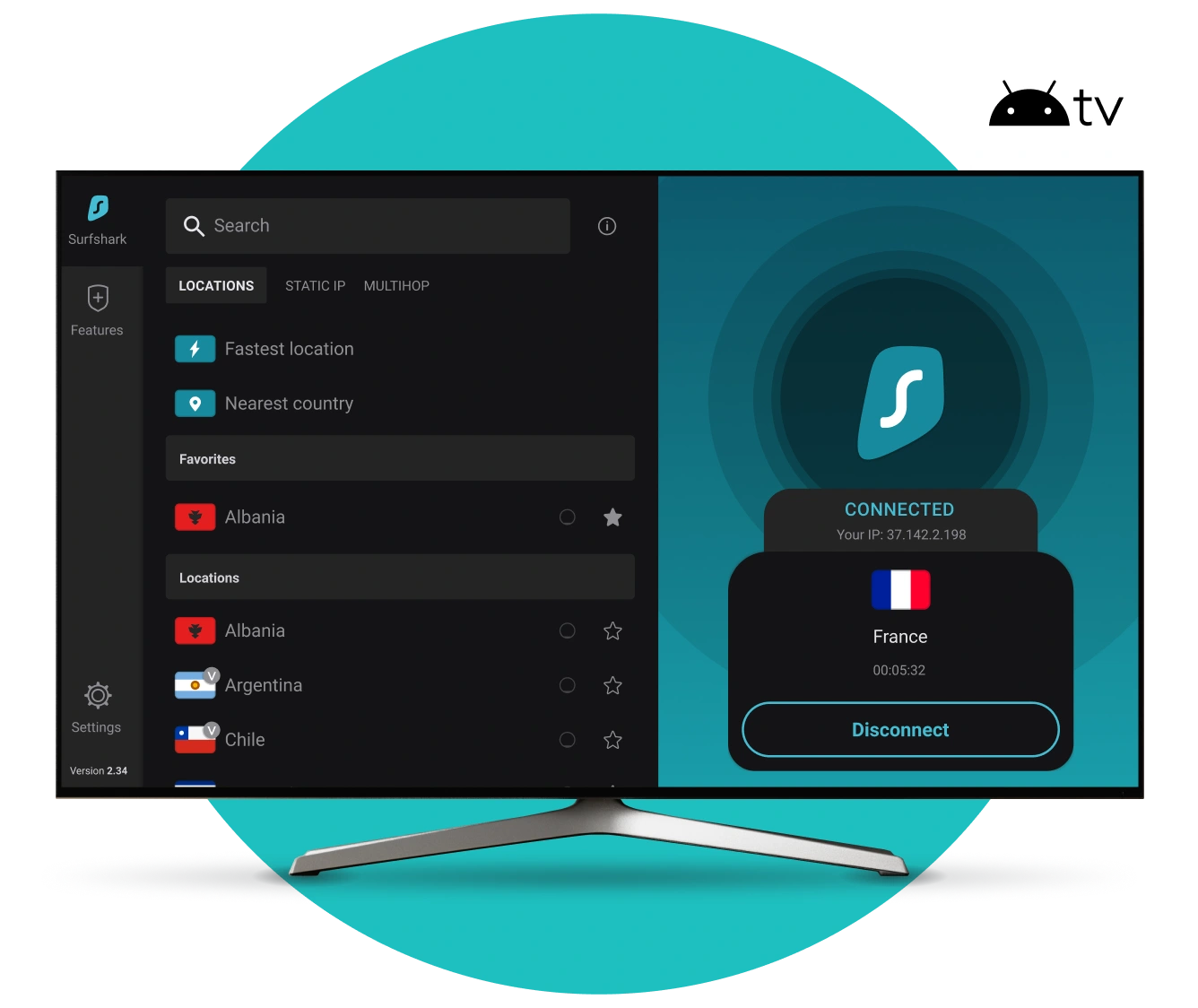 Smart TV screen showing the Surfshark VPN app connected to France with an Android TV badge in the top right corner.