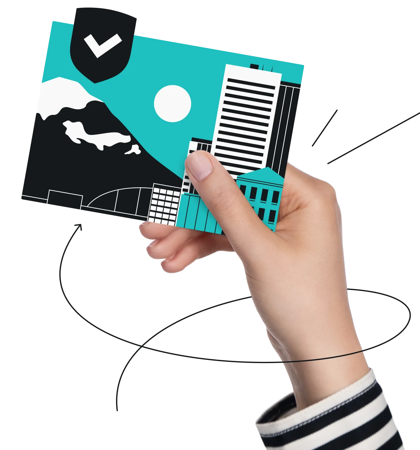 A hand holding a card showing buildings and mountains, with a checkmarked shield above and an arrow line curving around.
