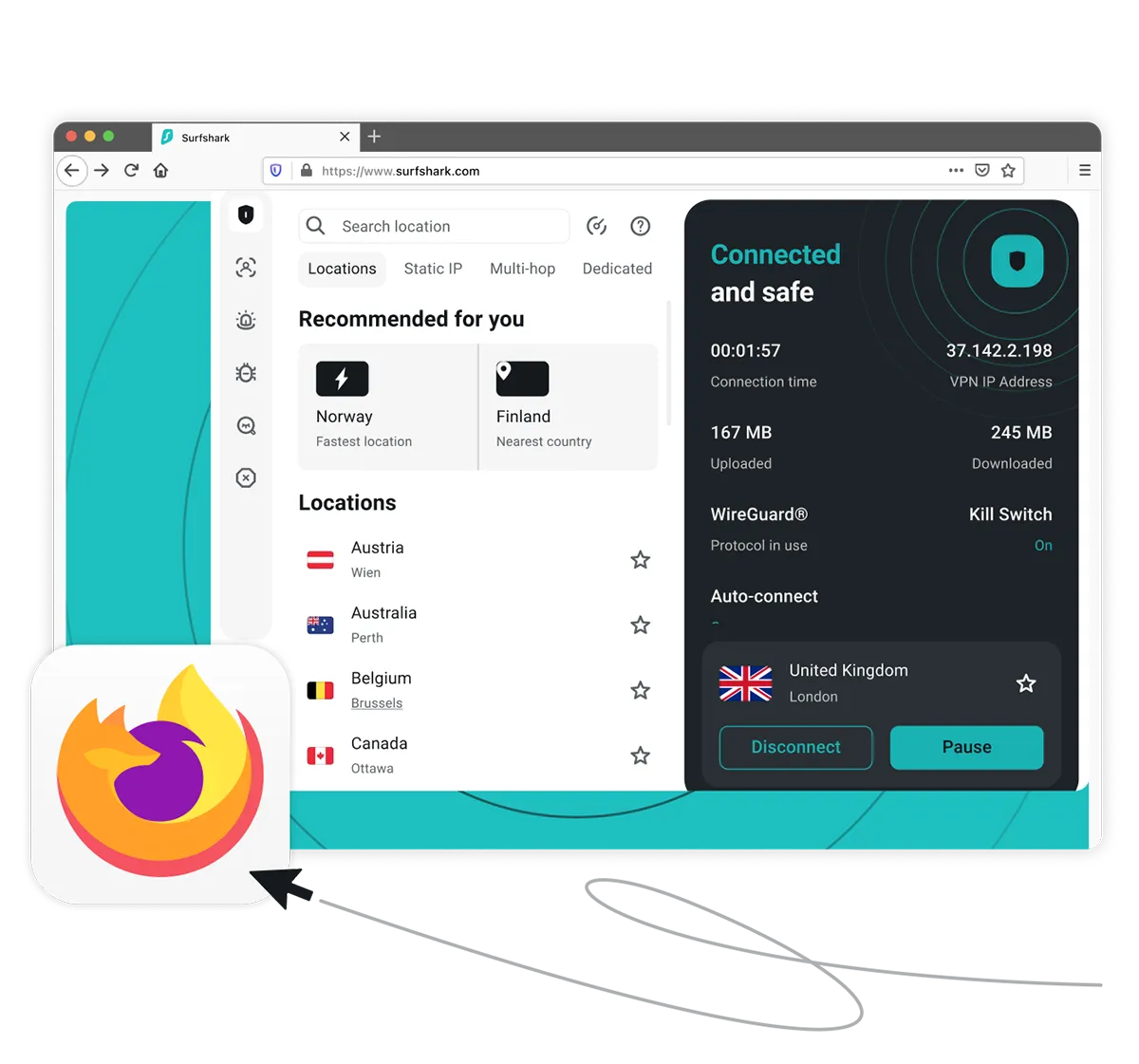 Browser window showing the Surfshark VPN extension connected to a UK server in London by the Mozilla Firefox logo.