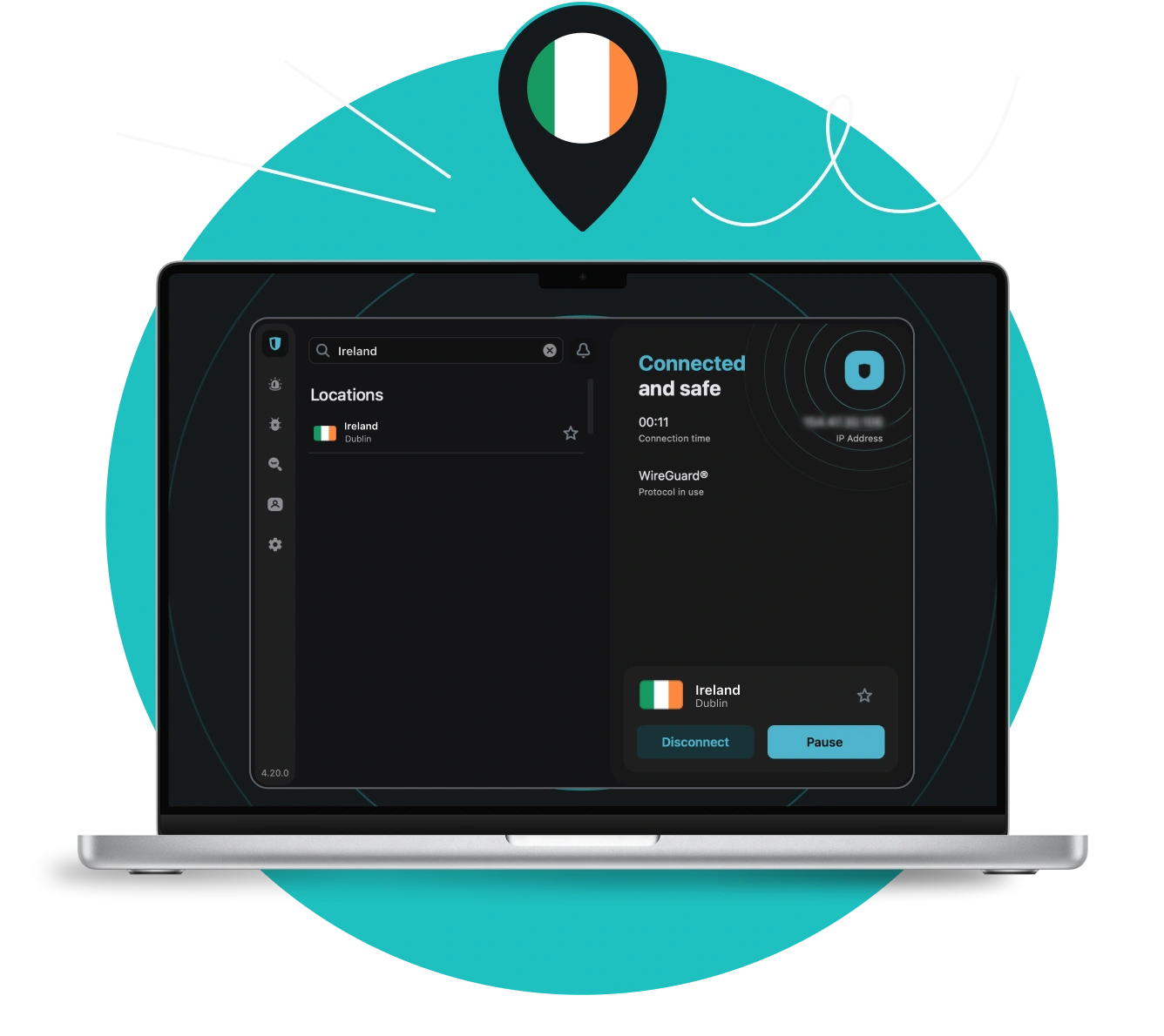 Laptop displaying the Surfshark VPN app connected to a Dublin server under a map pin with the Irish flag.