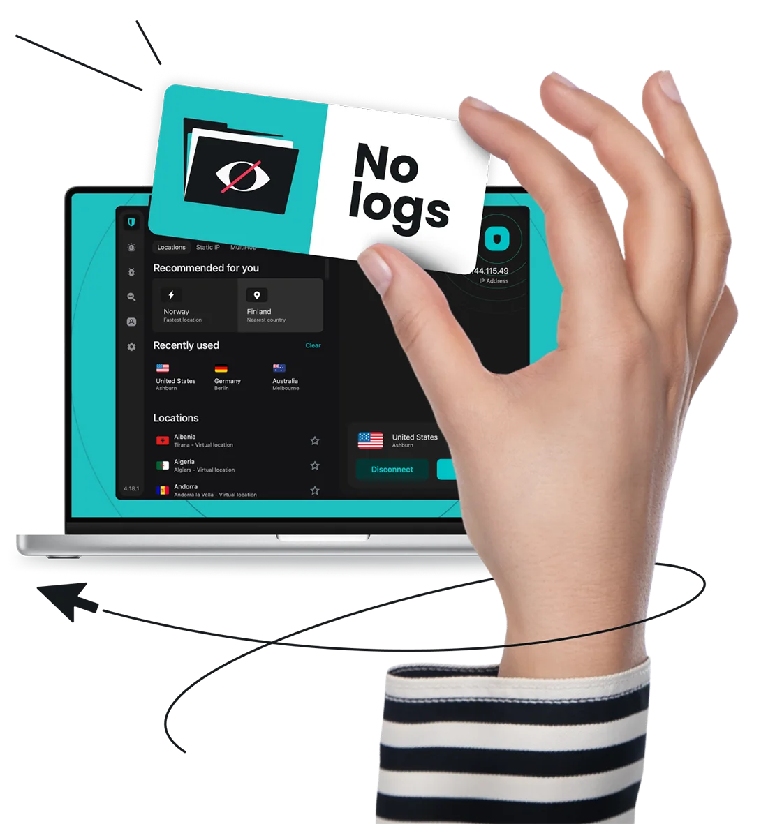 Hand holding a card labeled No logs in front of a laptop showing the Surfshark VPN app interface connected to a US server.