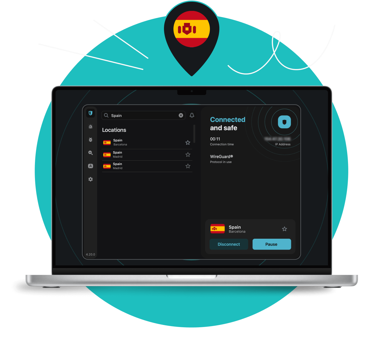Laptop displaying the Surfshark VPN app connected to a Barcelona server under a map pin with the Spanish flag.