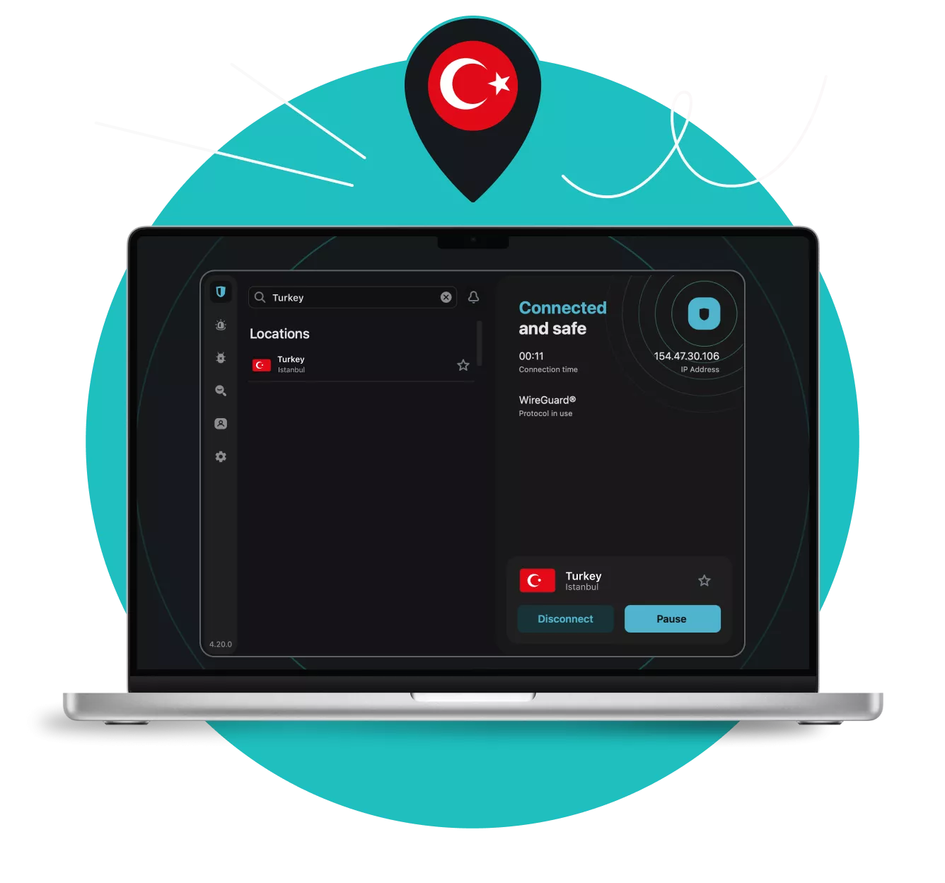Laptop displaying Surfshark VPN app interface connected to Turkey, with a Turkish flag location pin above it.