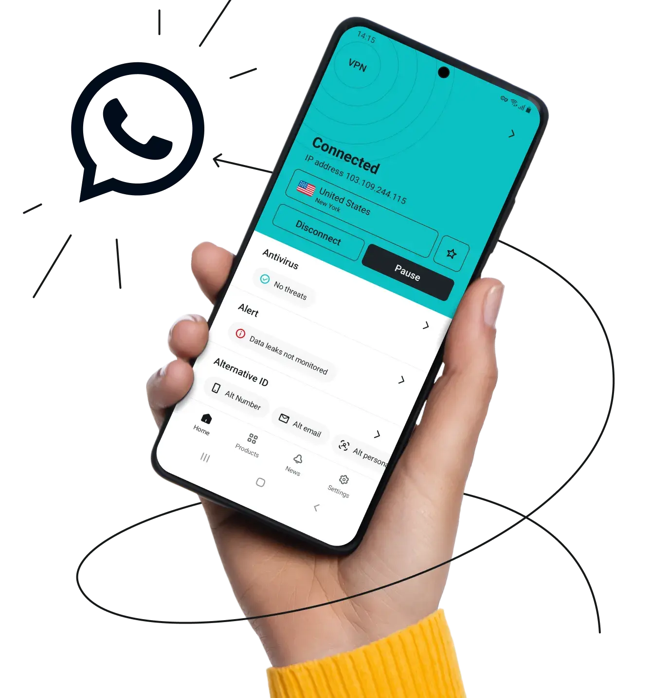 A hand holding a phone showing the Surfshark app interface, with a WhatsApp logo and a small arrow to the left.