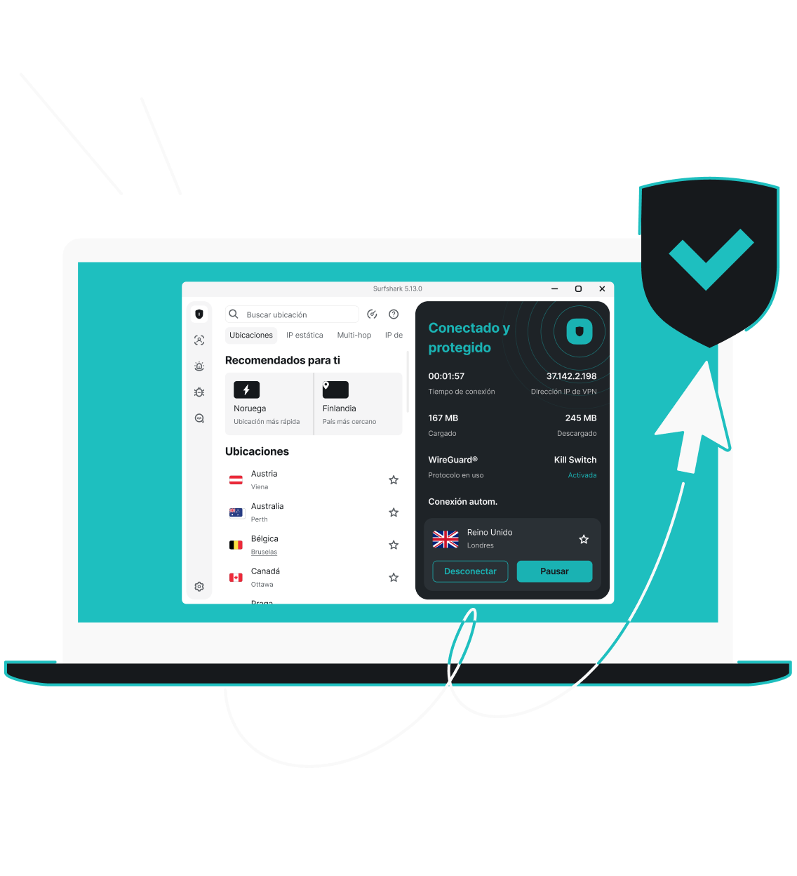 Interfaz de Surfshark Antivirus mostrada en un portátil con Windows, con protección en tiempo real, opciones de escaneo programado, protección de cámara web y botones para escaneo completo o rápido.