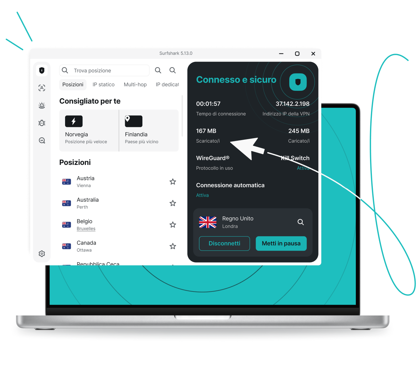 L'interfaccia utente dell'app Surfshark VPN su un laptop, in tedesco, che mostra una connessione attiva a un server di Berlino.